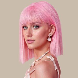 💫 Women Pink Short Bob Wigs Straight Bangs 12Inch Heat Resistant Hair Natural